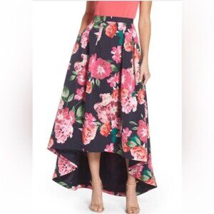 Like New Eliza J Blue Floral High/Low Pleated Lined Full Skirt in Women's 10